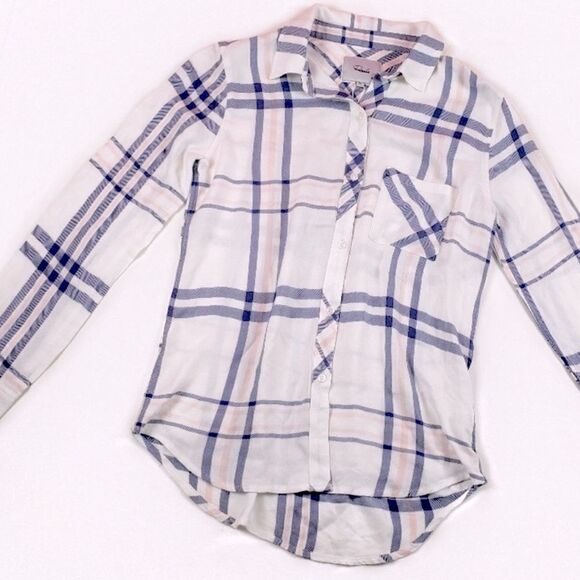 Rails Hunter Plaid Classic Indigo Powder Blush Button Up Flannel Top - Picture 2 of 10